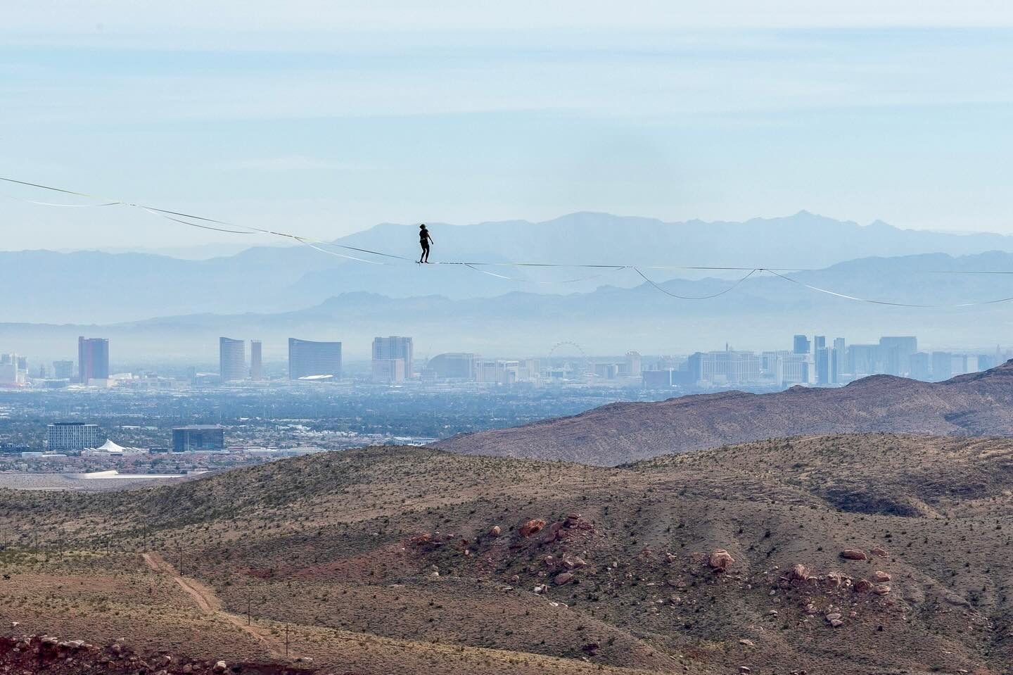 Highliner balancing on a line high above the Las Vegas valley