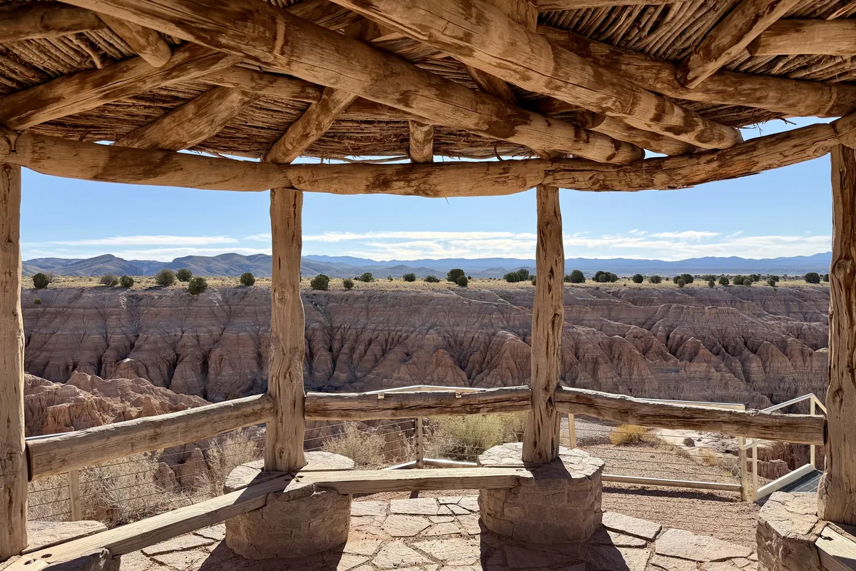 Badlands canyon framed by a rustic log shelter