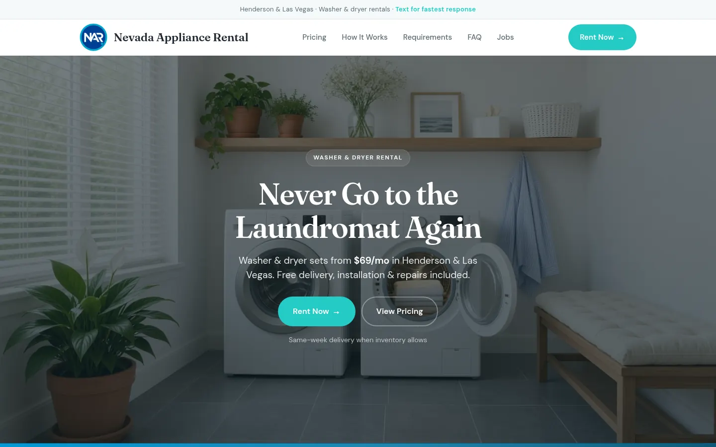 Nevada Appliance Rental homepage: washer and dryer rentals in Henderson and Las Vegas