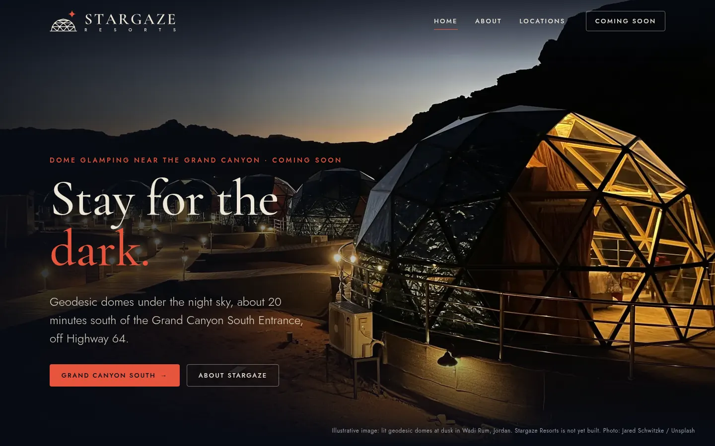 Stargaze Resorts homepage: dome glamping near the Grand Canyon, coming soon