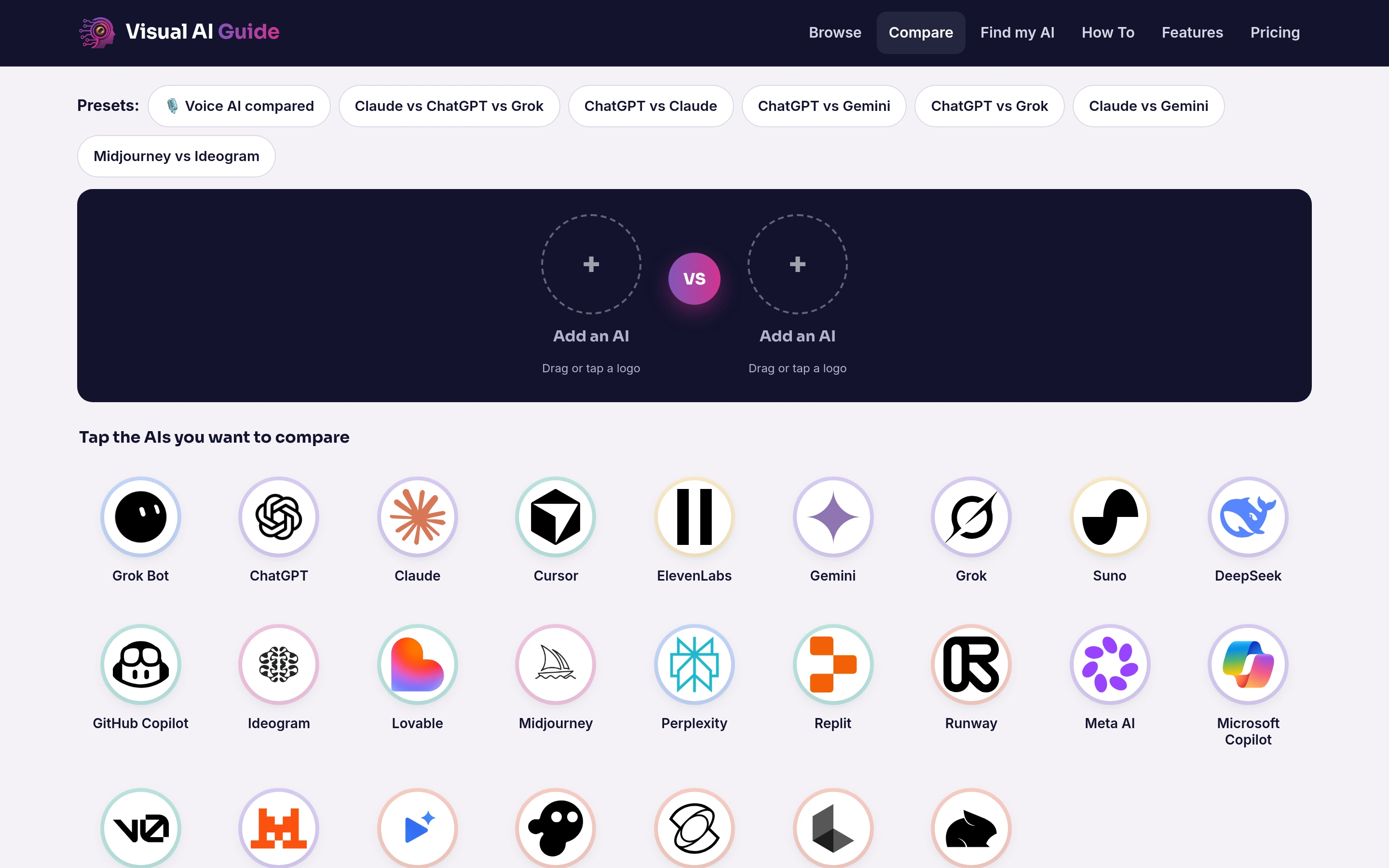 Visual AI Guide compare tool: tap AI logos like ChatGPT, Claude, Gemini and Grok to compare them side by side
