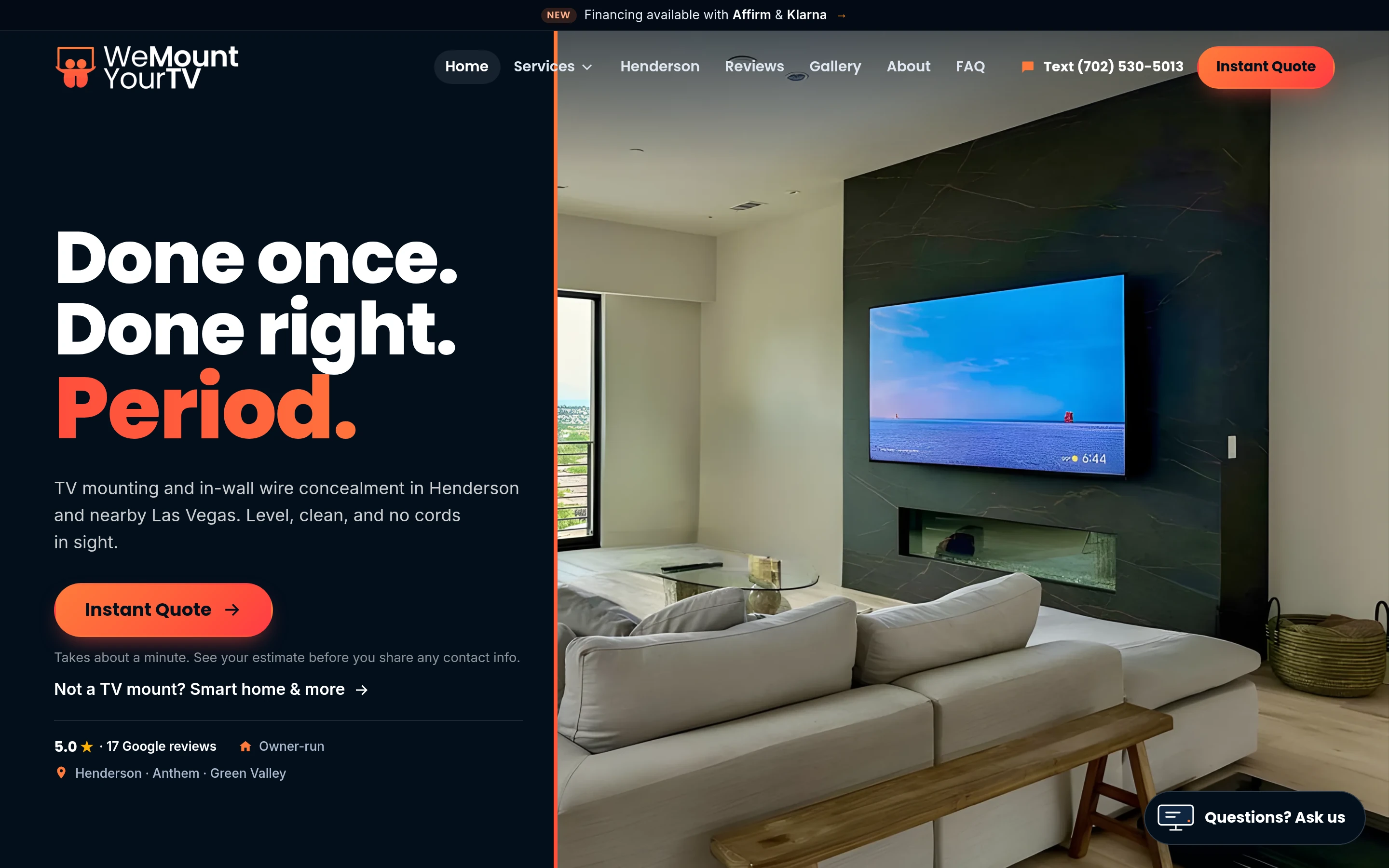 WeMountYourTV homepage: TV mounting in Henderson and Las Vegas with an Instant Quote button