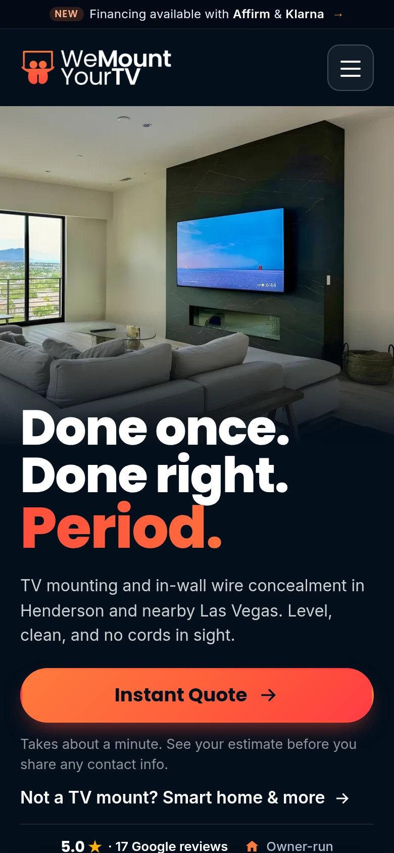 WeMountYourTV homepage on a phone