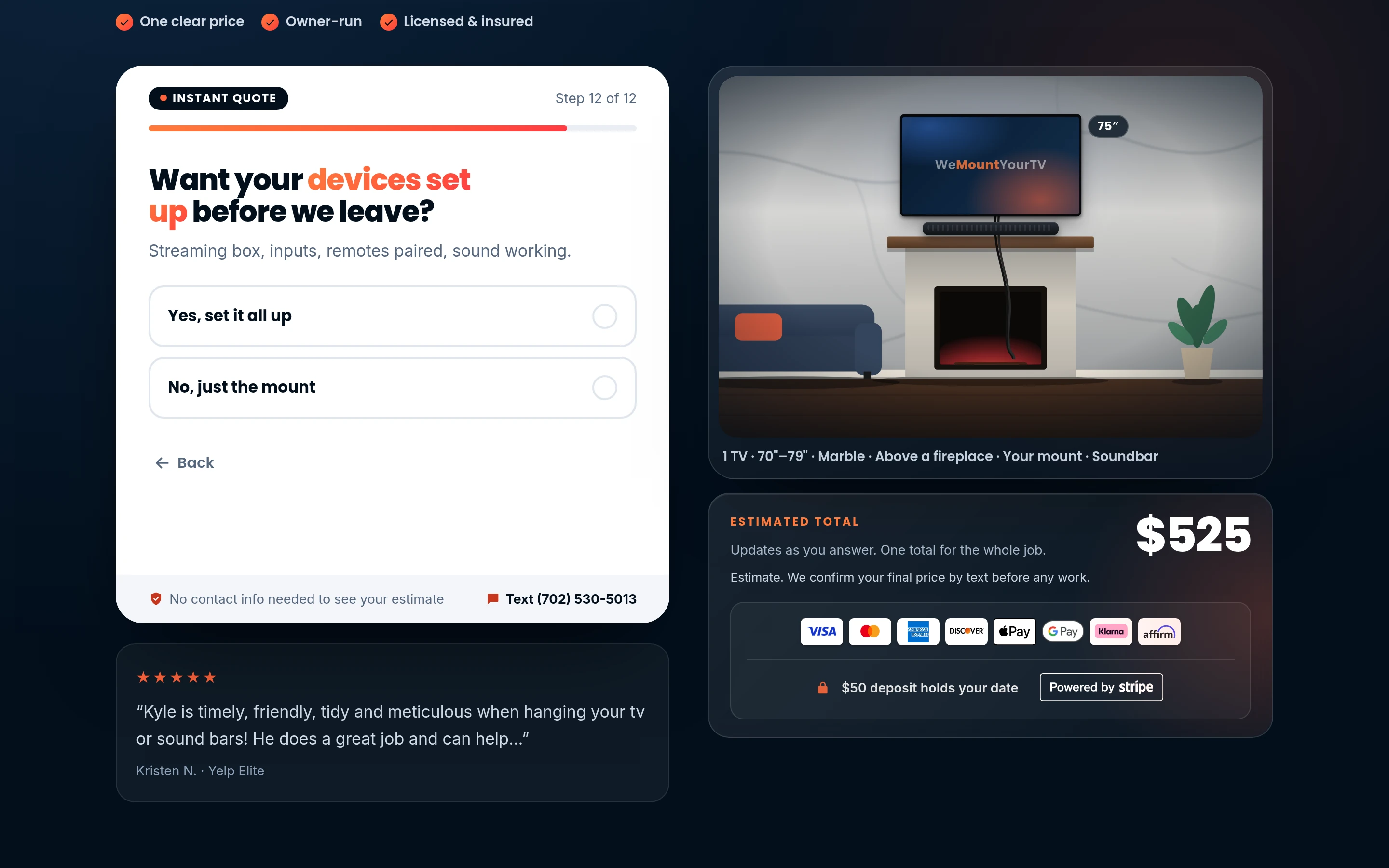 WeMountYourTV quote wizard on desktop: step 6 of 13 asks about the mount, with a live room preview and the running estimated total