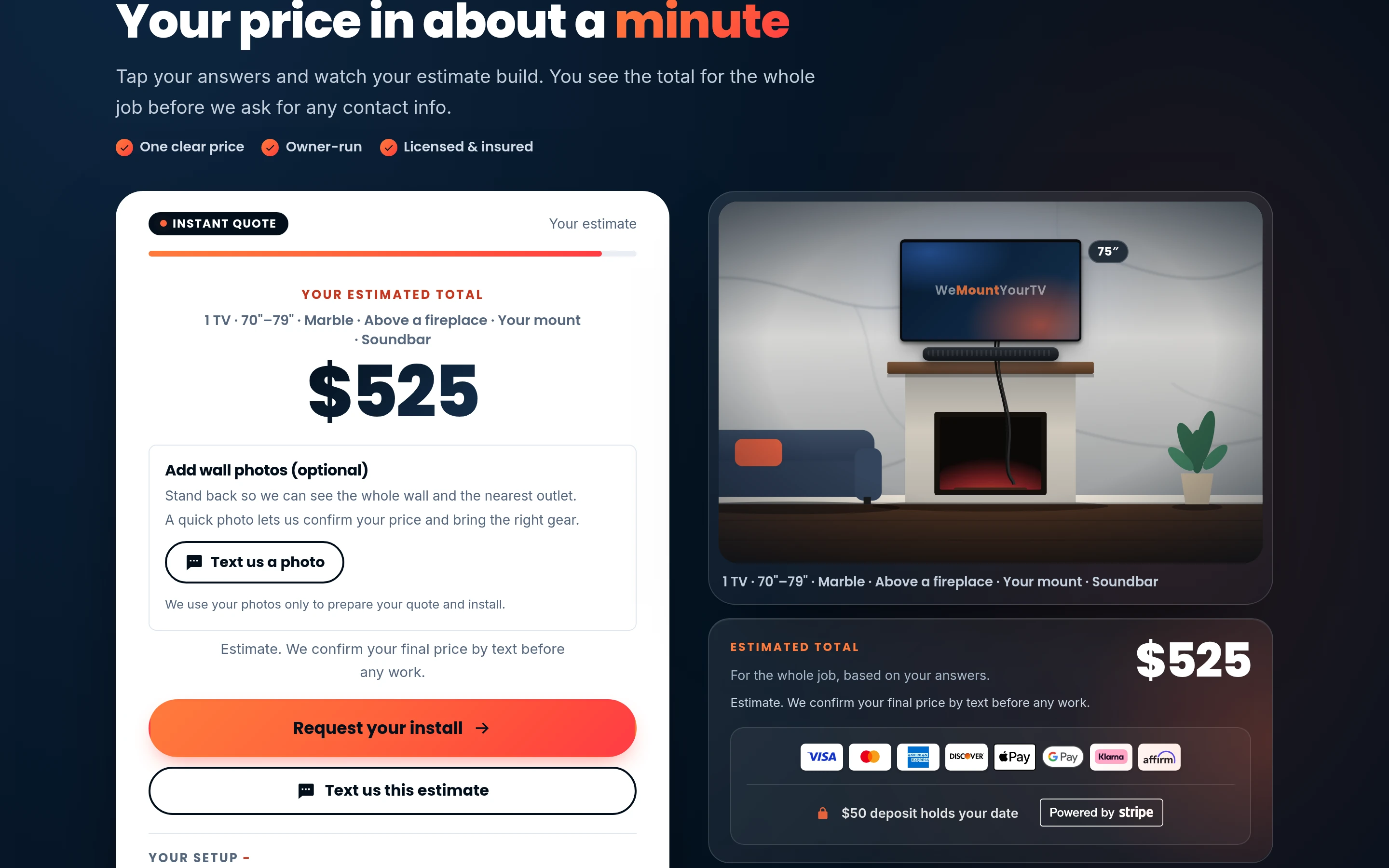 WeMountYourTV instant estimate on desktop: $441.70 for one 65-inch TV with wires in-wall, soundbar and device setup
