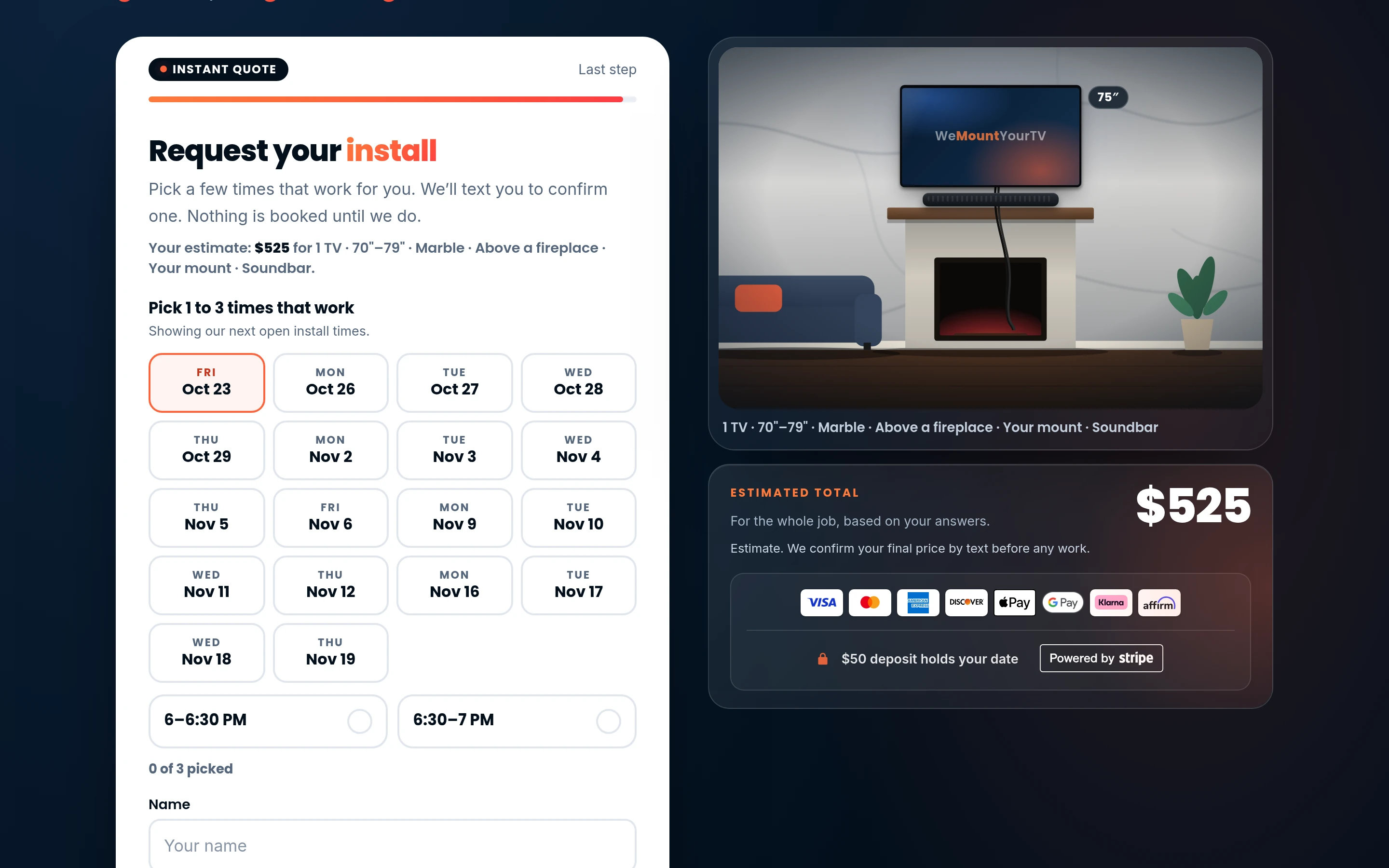WeMountYourTV live booking on desktop: pick from the next open install days and times